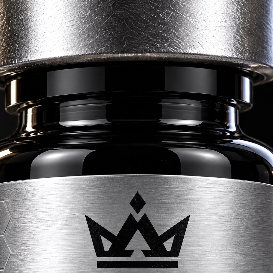The brushed-silver cap and crowned label of a Dlux Aminos vial